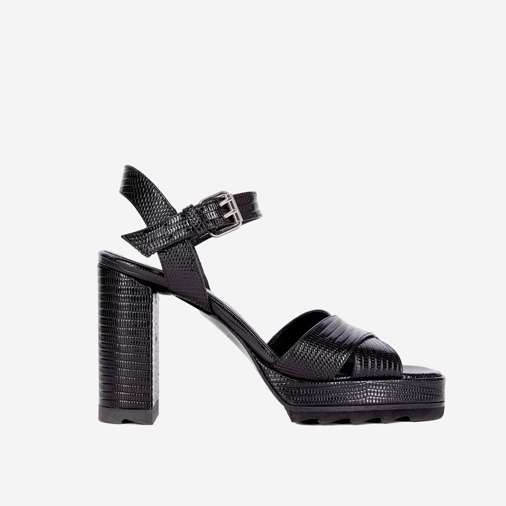 The Kooples Black Lizard Embossed Platform Block Heel Sandals Size 9
